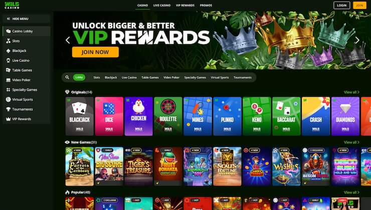 The landing page of Wild Casino, a leading NY online casino.