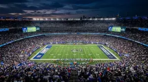 MetLife Stadium illuminated at night for Sunday Night Football NFL season opener