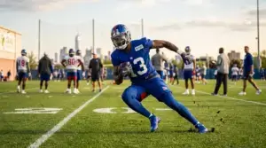 Giants wide receiver making dynamic cut during OTA practice on outdoor field in spring training
