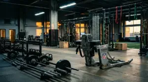 Empty NFL practice facility at dawn showing blocking sled and training equipment in dramatic lighting