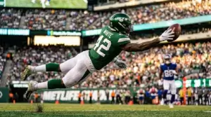 Jets defensive player making athletic play during game highlighting offseason defensive acquisitions