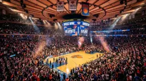 Madison Square Garden packed with celebrating Knicks fans after dominant playoff sweep victory