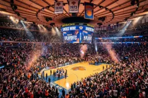 Madison Square Garden packed with celebrating Knicks fans after dominant playoff sweep victory