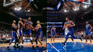 Split view comparing 1999 Knicks physical playoff basketball with modern 2026 Knicks offensive style at Madison Square Garden
