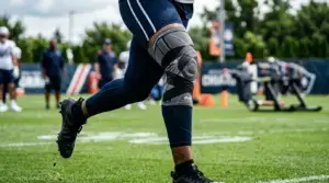 NFL player knee with medical compression sleeve during training, representing injury recovery timeline