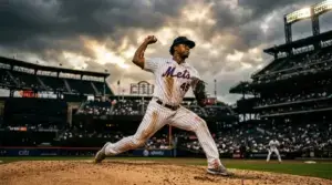 New York Mets pitcher on mound during game at Citi Field in dramatic lighting
