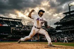 New York Mets pitcher on mound during game at Citi Field in dramatic lighting