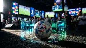 Dynamic sports betting scene with soccer ball and digital odds displays for World Cup 2026 betting.