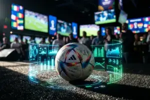Dynamic sports betting scene with soccer ball and digital odds displays for World Cup 2026 betting.