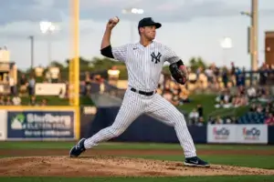 Yankees pitching prospect in mid-delivery on the mound during Triple-A game
