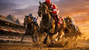 Thoroughbred horses racing neck-and-neck at Saratoga Race Course during the Belmont Stakes