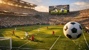 World Cup soccer match in packed stadium with dramatic action on the field