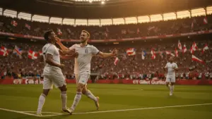 England football players celebrating at World Cup 2026 match at Gillette Stadium