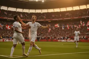 England football players celebrating at World Cup 2026 match at Gillette Stadium