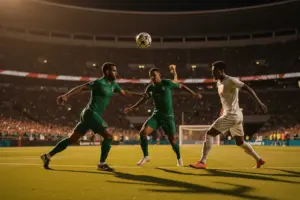 Algeria soccer players attacking against Jordan in dramatic World Cup match at night stadium