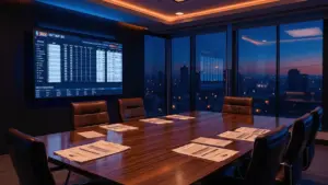 NBA draft night war room with analytics screens and strategic planning materials