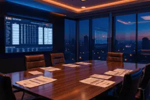 NBA draft night war room with analytics screens and strategic planning materials