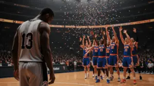 Basketball player walking away while opposing team celebrates championship victory on court