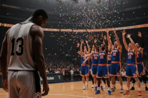 Basketball player walking away while opposing team celebrates championship victory on court