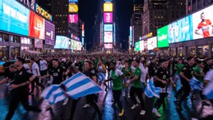 Chaotic scene in Times Square with soccer fans and NYPD officers responding to brawl between supporters
