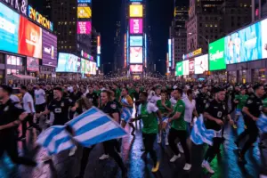 Chaotic scene in Times Square with soccer fans and NYPD officers responding to brawl between supporters