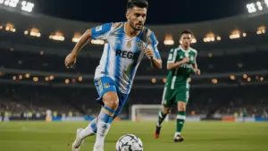 Argentina soccer player dribbling ball during World Cup match against Algeria at night stadium