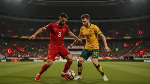 Australia vs Turkey World Cup soccer match action with players competing for the ball under stadium lights