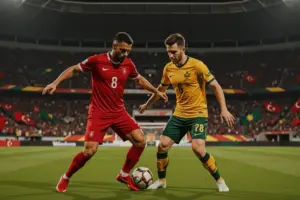 Australia vs Turkey World Cup soccer match action with players competing for the ball under stadium lights