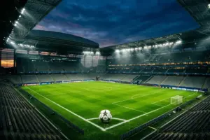 Soccer stadium with illuminated green pitch at dusk before international World Cup match