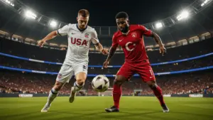 USA and Turkey players competing for the ball during World Cup 2026 group stage match at night stadium