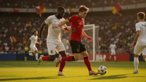 Belgium national team players in red attacking during World Cup match in packed stadium