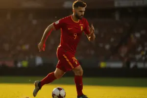 Belgium player attacking during 2026 World Cup match at Los Angeles Stadium