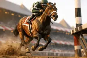 Thoroughbred racehorse crossing finish line at Saratoga Race Course with jockey in racing silks