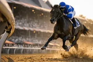 Thoroughbred racehorse competing at Belmont Stakes at Saratoga Race Course