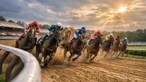 Thoroughbred horses racing around the turn at Saratoga Race Course on Belmont Stakes Day