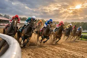 Thoroughbred horses racing around the turn at Saratoga Race Course on Belmont Stakes Day
