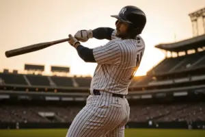 Yankees left-handed batter mid-swing at Yankee Stadium in dramatic golden hour lighting