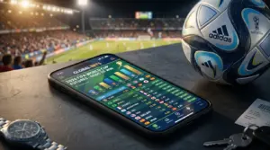 Smartphone showing 2026 World Cup betting app interface next to soccer ball on dark surface