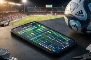Smartphone showing 2026 World Cup betting app interface next to soccer ball on dark surface