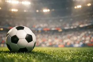 Soccer ball on stadium grass with crowd and lights for World Cup betting