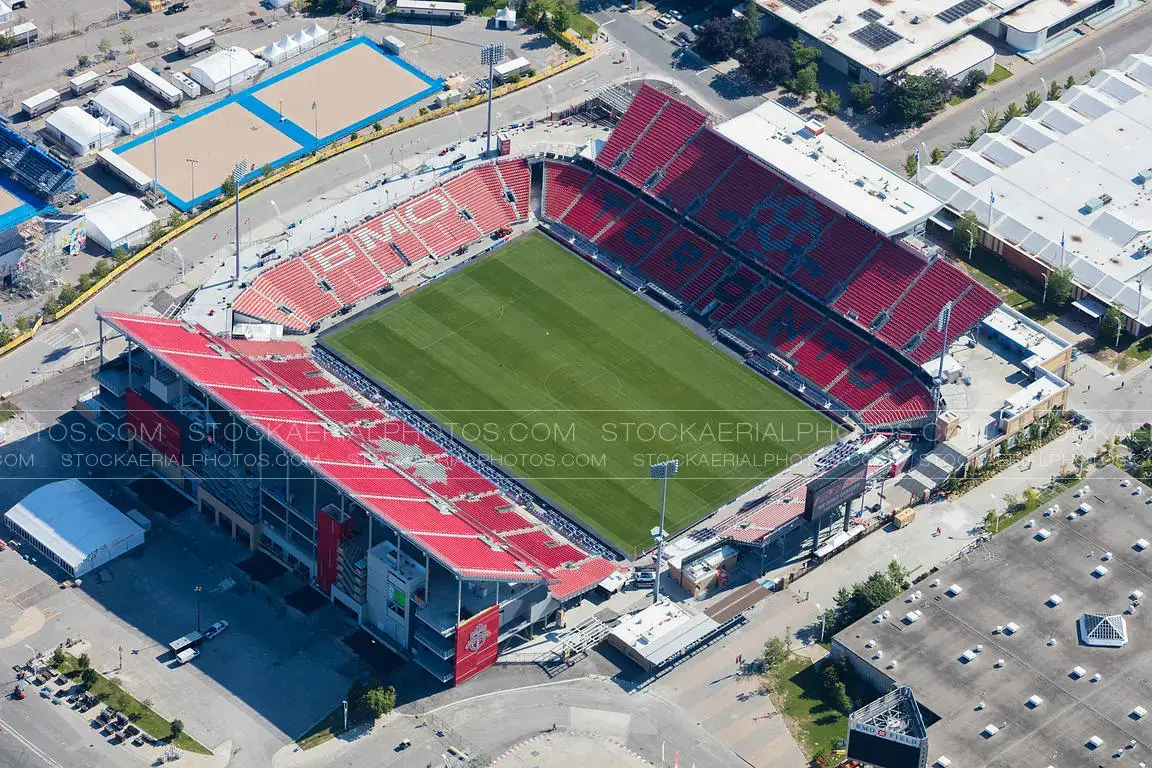 Aerial view of BMO Field stadium in Toronto, home of soccer matches.