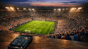 Stadium during World Cup match with smartphone showing betting odds in foreground