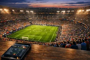Stadium during World Cup match with smartphone showing betting odds in foreground