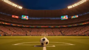 World Cup soccer stadium with illuminated pitch and crowded stands during golden hour