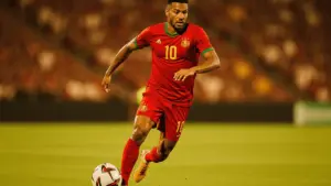 Morocco soccer player cutting inside with ball during World Cup knockout stage match