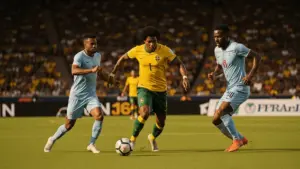 Brazil soccer players attacking against Haiti defenders during World Cup Group C match at Lincoln Financial Field
