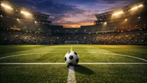 Soccer ball on stadium pitch under dramatic lighting before Brazil vs Morocco World Cup 2026 match