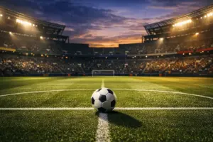 Soccer ball on stadium pitch under dramatic lighting before Brazil vs Morocco World Cup 2026 match