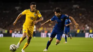 Brazil vs Japan World Cup soccer match action with players competing on the pitch