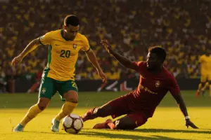Brazil player dribbling past Morocco defender during World Cup match at packed stadium